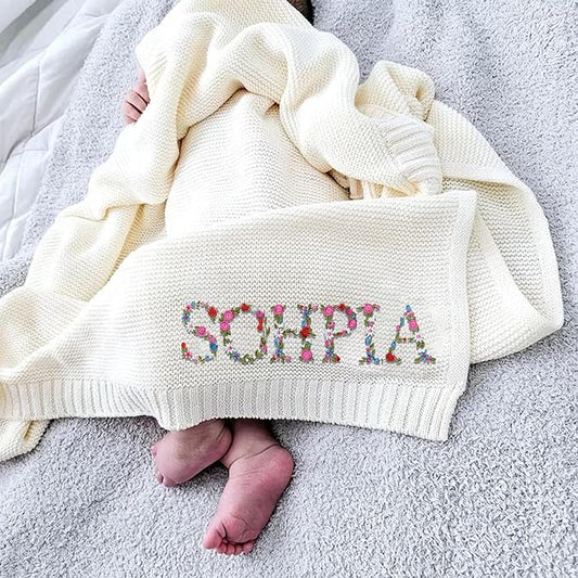 Luxury Personalized Baby Blanket, Soft Breathable Cotton Knit, Custom Embroidered Name Blanket, Newborn Baby Gift, Baby Shower Present, Gifts for New Mom, Baby Girl & Boy Style 4