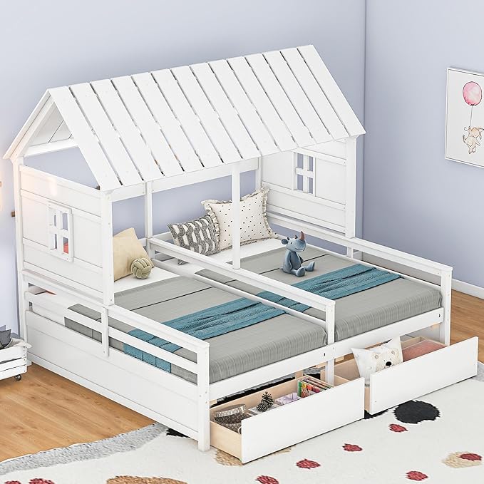 Harper & Bright Designs Twin Size House Platform Beds with Two Drawers for Boy and Girl Shared Beds, Combination of 2 Side by Side Twin Size Beds,White