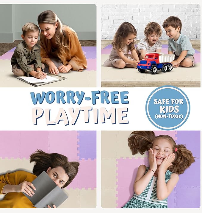 TOYVELT Foam Puzzle Floor Mat for Kids - 12x12-32 Interlocking Play Mat Tiles with Colors - Educational Large Puzzle Foam Floor Tiles for Crawling, Non-Toxic - Pink-Purple-Beige