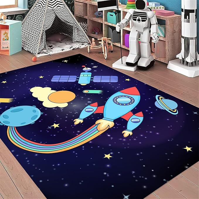 Outer Space Themed Rug,3x5ft,with Cartoon Planets,Stars and Rocket Design Rugs, Suitable for Playroom Bedroom Printed Rug, Non-Slip Machine Washable Carpet, Children's Room Decor