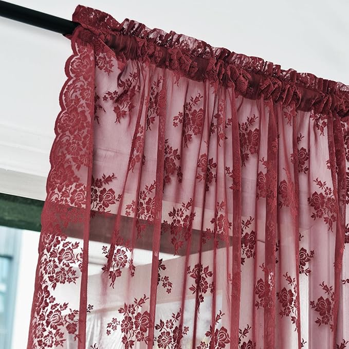 Kotile Burgundy Curtains 96 Inches Long 2 Panels Cottagecore Floral Patterned Maroon Lace Curtains for Living Room, Rod Pocket Privacy Light Filtering Sheer Curtains Christmas Decor, 52 x 96 Inch