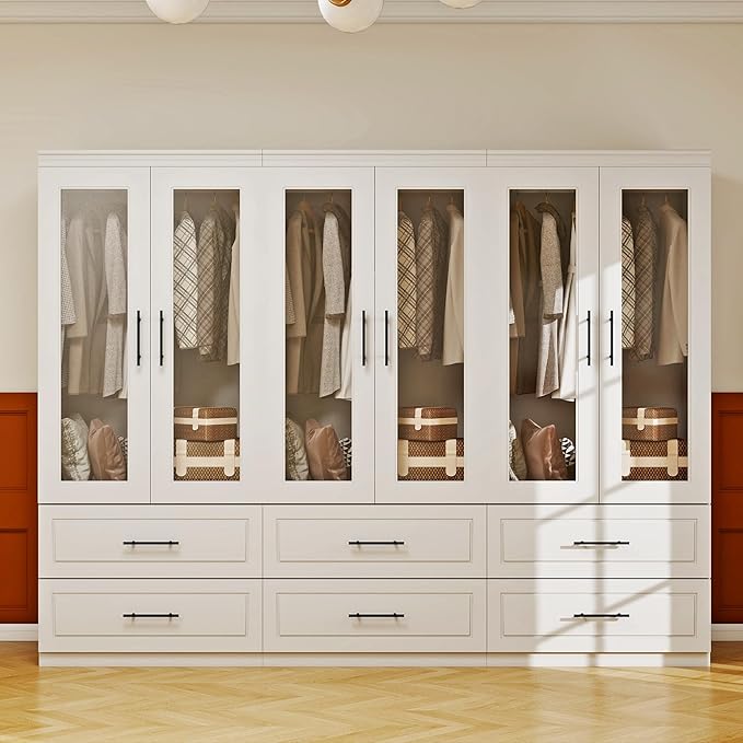 Armoire Wardrobe Closet with 6 Door: White Wood Wardrobe Closet Wooden Transparent Door 6 Drawer Cabinet Bedroom Armoire with Hanging Rods for Home/Bedroom/Living Room