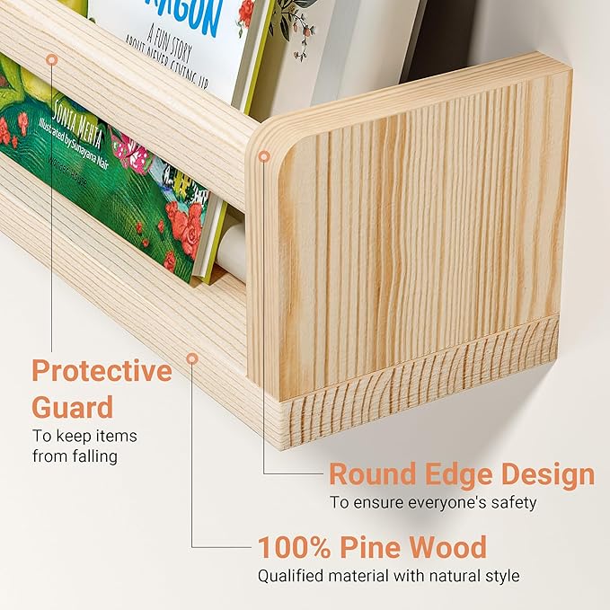 Heimlove Nursery Floating Shelves, Solid Wood Book Shelves for Wall, 24 Inch Bookshelf for Kids, Wall Mounted Shelves for Books,Toys and Decor Storage, Set of 2 (Natural)
