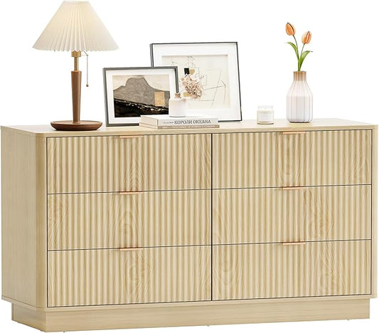 Fluted 6 Drawer Dresser for Bedroom, Mid Century Modern Wide Wood Dressers with Round Edge Design, Shallow Dresser Chest, Chests of Drawers for Bedroom, Living Room, Natural Oak