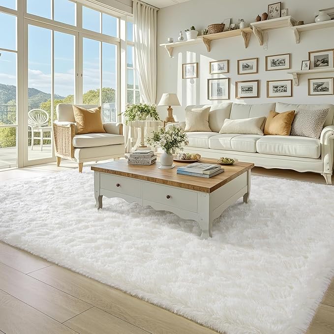 BENRON Fluffy Rugs for Living Room 5x8 Cream White, Washable Large Area Rugs for Bedroom Dining Table Office Kids Nursery Room, Washable Indoor Floor Carpets