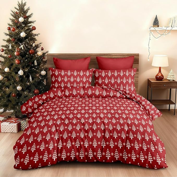 Red Christmas Duvet Cover King Xmas Bedding Set Pine Tree Snowflakes Pattern, Christmas Theme Bedding for Guest Room Bedroom Decor Soft Microfiber Comforter Cover with 2 Pillowcases
