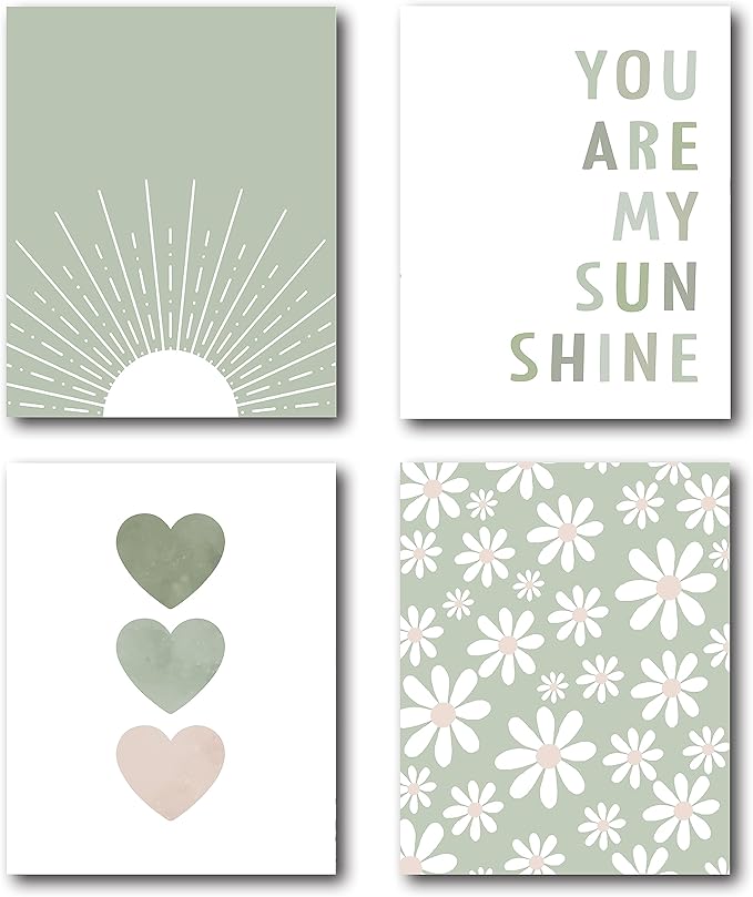 XWELLDAN Boho Sage Green Sun You Are My Sunshine Daisy Flower Heart Poster Wall Art Prints,Boho Gifts for Girls,Bohemian Wall Art Decor for Baby Girls Room Nursery,8 x 10 Inch Set of 4 Prints,Unframed