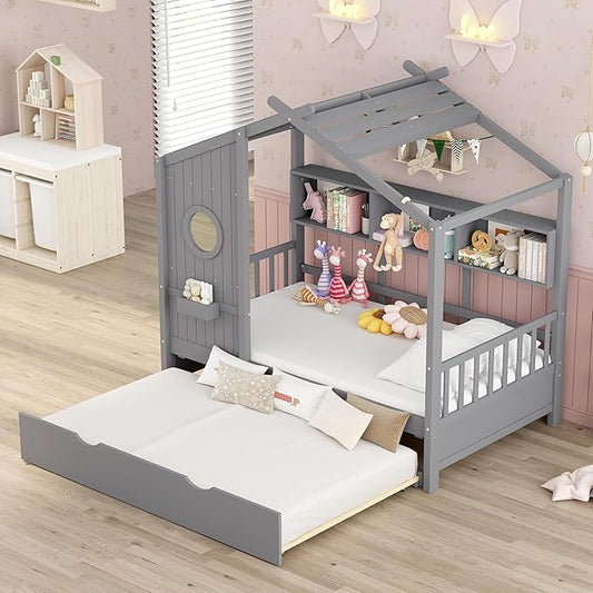 Twin Size House Bed with Trundle for Kids,Twin Kids Bed Frame with Storage Shelves,Wood House Bed Frame for Girls,Boys,Can be Decorated,Gray