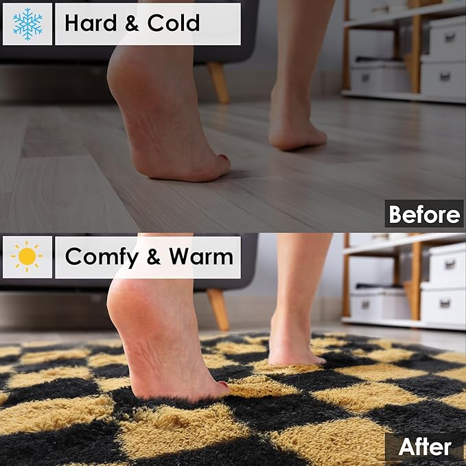 KICMOR Area Rugs for Bedroom Living Room, 4x6 Black and Gold Fluffy Soft Checkered Rug Fuzzy Shag Shaggy Carpet, Indoor Plush Floor Rugs for Kids Boys Girls Teen Dorm Nursery Home Decor Aesthetic