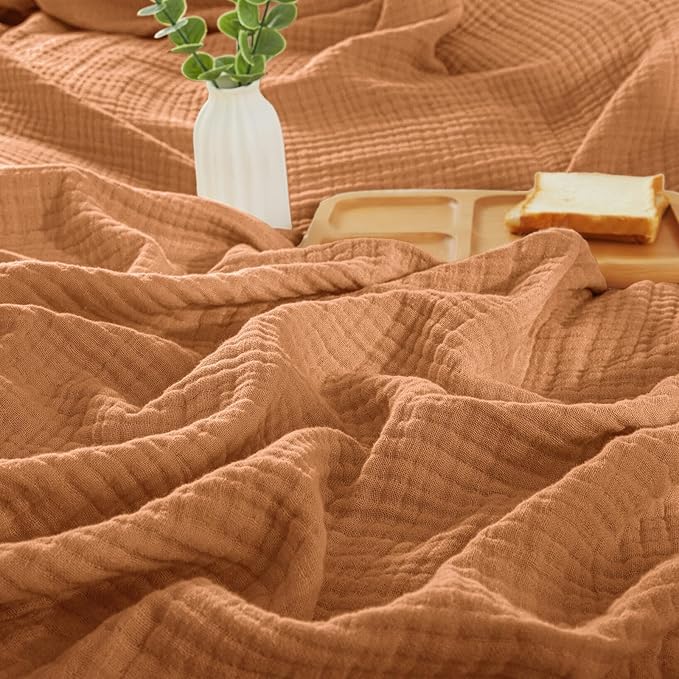PHF 100% Cotton Muslin Blanket Twin XL Size 66"x90", 4-Layer Lightweight Gauze Throw, Breathable Cloud-Soft Minimalist Blanket for Bed, Couch, Camping & Baby, Caramel, Ideal Gift