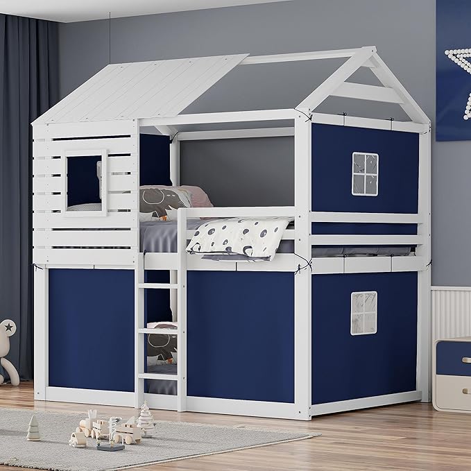 Full Size House Bed Tent Bed with Windows for Kids Teens Boys Girls, Solid Wood Bunk Bed Frame with Guardrails, Versatile Spacious Under Bed Space with Curtains (Blue-Tent Full)