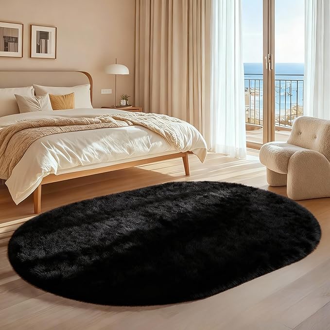 Ophanie 3x5 Oval Black Rugs for College Dorm, Bedroom Small Area Rug, Non-Slip Fluffy Shaggy Bedside Soft Shag Fuzzy Plush Carpet for Kids Boys Teen Home Decor Aesthetic, Nursery