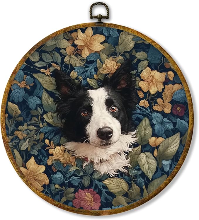 Hiuwevt Vintage Floral Border Collie Round Wall Art Decor, Border Collie Gifts Framed Canvas Prints, Cottagecore Flower Dog Round Wall Hanging Decor for Home Bedroom Room Decorations, 10x10 Inches