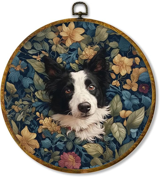Hiuwevt Vintage Floral Border Collie Round Wall Art Decor, Border Collie Gifts Framed Canvas Prints, Cottagecore Flower Dog Round Wall Hanging Decor for Home Bedroom Room Decorations, 10x10 Inches