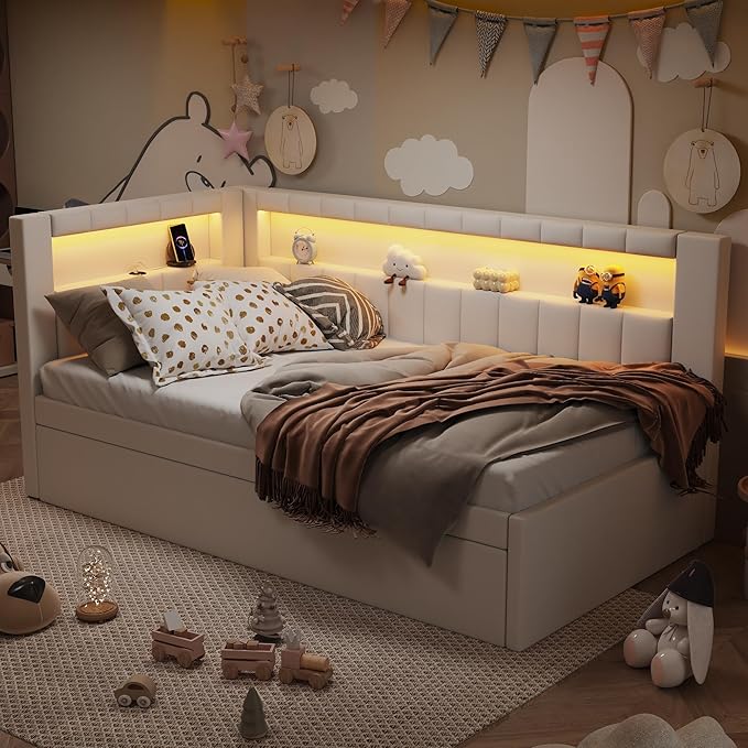 Twin Size Daybed with Trundle and L-Shaped Bookshelf Headboard, Linen Upholstered Soft Corner Bed with Storage Shelves, Charging Station and LED Belt for Kids Boys Girls, White