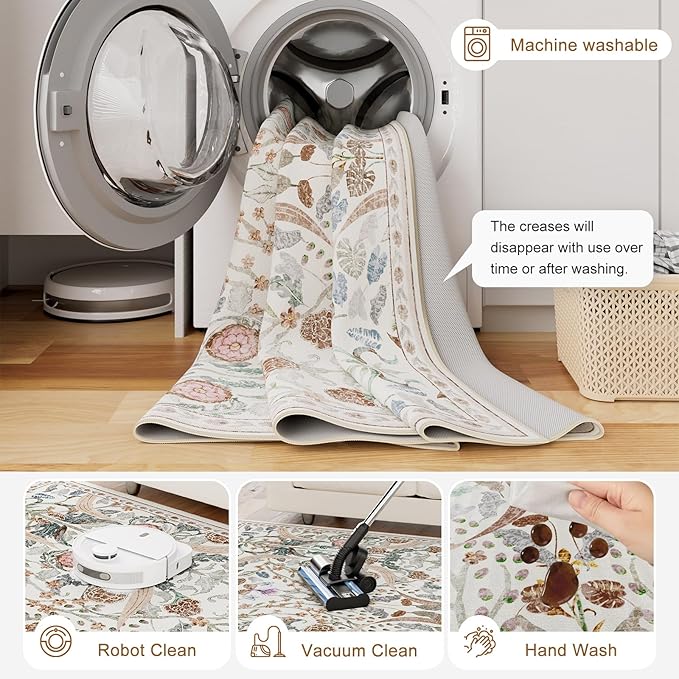 AMTOVO 5x7 Washable Area Rugs for Living Room, Vintage Boho Floral Distressed Print Non-Slip Carpet, Soft Colorful Accent Rug for Bedroom Dining Room Playroom Nursery Farmhouse Girls Room, Beige
