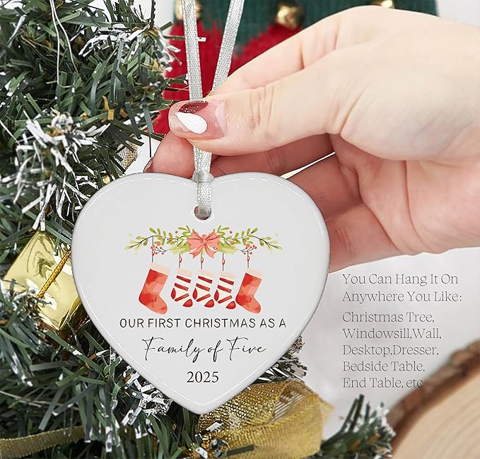 2025 Our First Christmas as a Family of Five-Parents Mom Dad Gift for New Baby Newborn-The Third Kid-Xmas Stocking Theme-Ceramic Hanging Heart Shaped Ornament-Double Sided Printed
