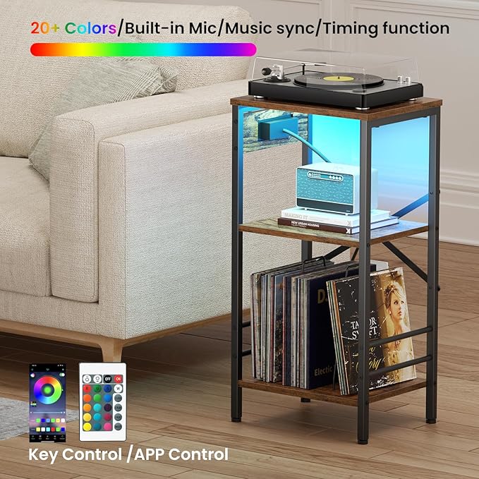 Record Player Stand with Charging Station, 3-Tier End Table with LED Light, Side Table Nightstand for Vinyl Storage,Tall Beside Tables Turntable Stand Living Room, Bedroom, Rustic Brown