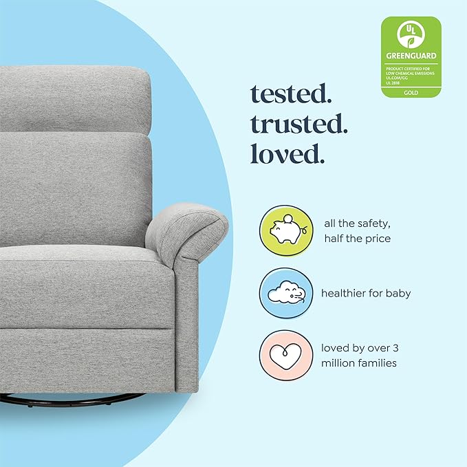 Davinci Suzy Flex Nursery Recliner and Swivel Glider with Adjustable Headrest and Armrests, High Pillowback in Frost Grey | GREENGUARD Gold, FSC, CertiPUR-US® Certified