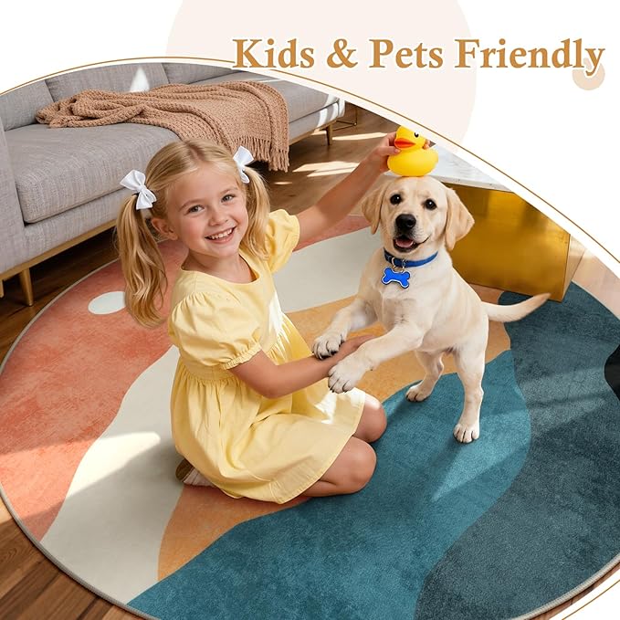 6 ft Abstract Round Rugs for Bedroom, Washable Non-Slip Circle Rug, Soft Colorful Low-Pile Floor Mat, Chic Faux Wool Large Rug, Indoor Throw Rugs for Living Room, Kidsroom