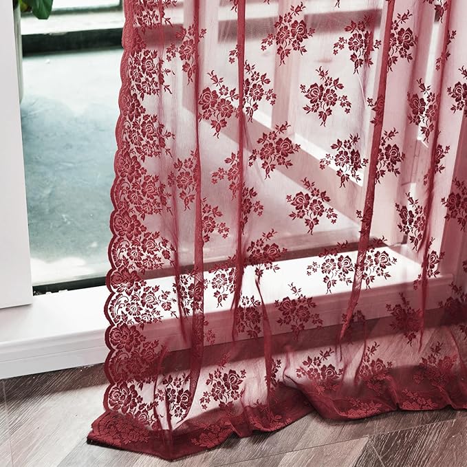 Kotile Burgundy Sheer Curtains 84 Inches Long 2 Panels Cottagecore Floral Maroon Lace Curtains for Living Room, Rod Pocket Light Filtering & Privacy Vintage Sheer Window Curtain 7FT, W52 x L84 Inch
