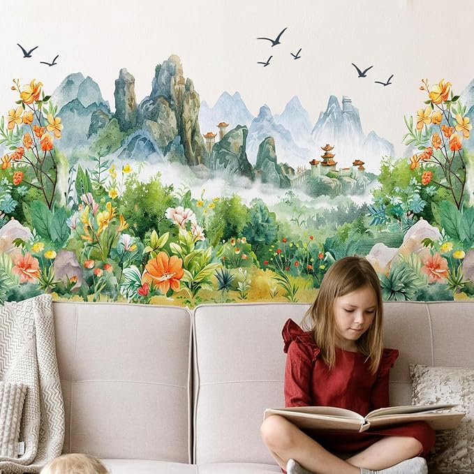 AM AMAONM Chinese Style Nature Mountain Landscapes View Wall Stickers Watercolor Green Plants Flowers Wall Decals 3D Peel and Stick Wall Art Decor for Nursery Home Wall Corner