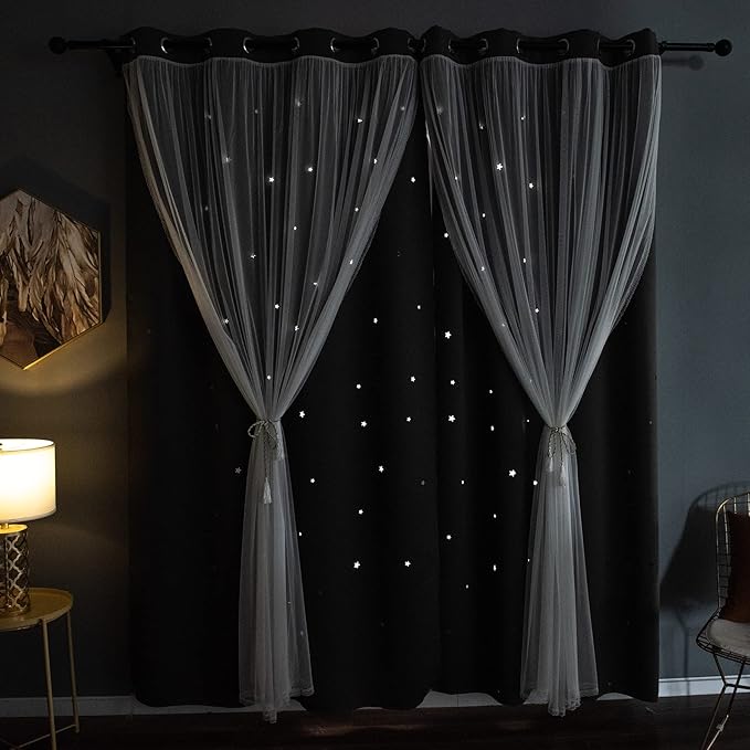 Kinryb Grey Star Curtains for Bedroom Star Hollow Out Blackout Curtains for Kids Room Decor Double Layer Cut Out Window 2 Panel with Tiebacks 52W x 84L Grey