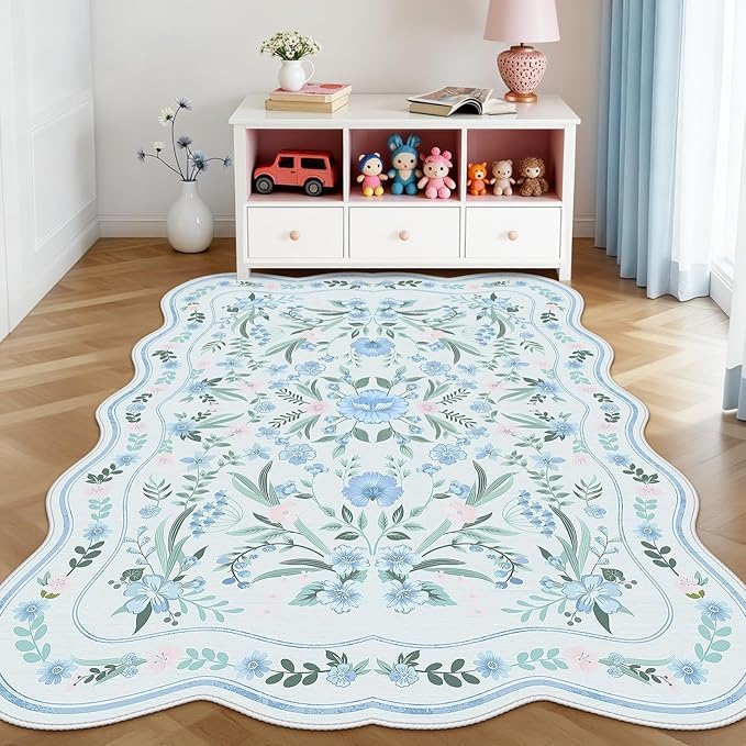 Blue Floral Area Rug 5x7, Washable Scalloped Boho Carpet for Girls Bedroom, Living Room, or Nursery, Cute Non-Slip Soft Cottagecore Rug for Kids Room or Playroom Home Décor