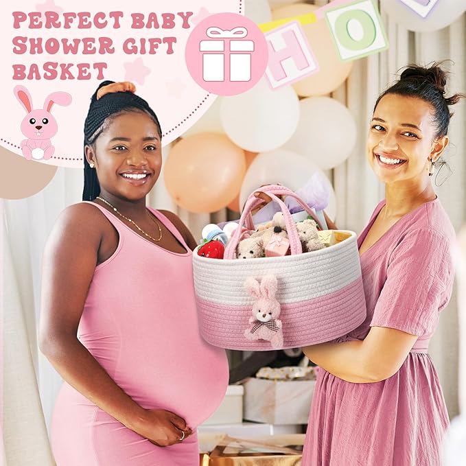 Bunny Baby Diaper Caddy Organizer Cotton Rope Nursery Storage Bin Basket Baby Shower Basket Gift Portable Holder Tote Bag with Handle for Changing Table Car Travel Registry Newborn Gift