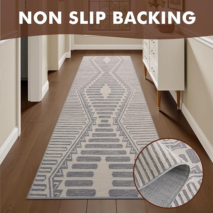 Silver Grey Boho 2x8 ft Runner Textured Tufted Rugs for Hallway Kitchen Bedroom Entryway Long Non Slip-Carpet Washable Neutral Modern Geometric Moroccan Aztec Rug