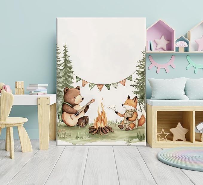 Woodland Animal Nursery Canvas Wall Art Fox Bear Rabbit Hedgehog Paintings Pictures Safari Nursery Wall Decor Forest Animals Camping Campfire Poster Print Artwork for Boys Kids Room Home Decoration