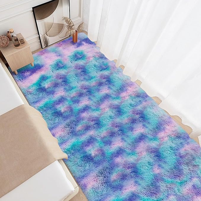 Shaggy Tie Dyed Light Purple Runner Rug 3x10 ft Bedside Area Rugs for Living Room, Anti-Skid Extra Comfy Fluffy Floor Carpet for Indoor Hallway Home Decorative