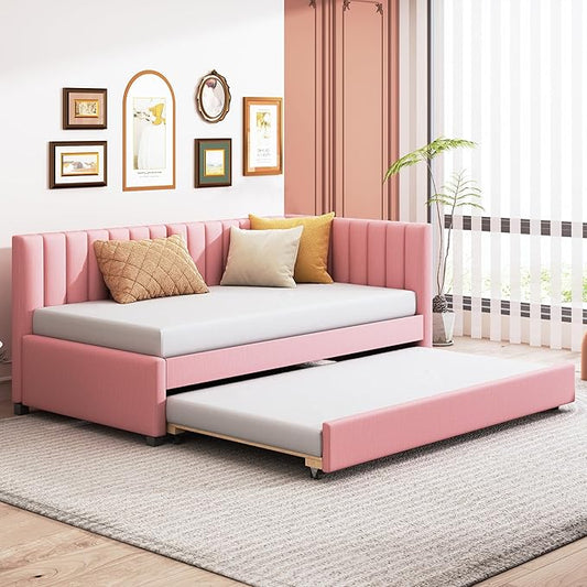 Harper & Bright Designs Upholstered Daybed with Trundle Twin Size Sofa Bed Frame No Box Spring Needed, Linen Fabric(Pink)