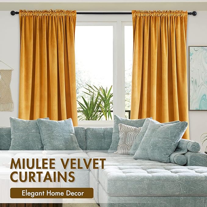 MIULEE Mustard Yellow Velvet Curtains Thermal Insulated Blackout Curtain Fall Drapes for Bedroom Living Room Darkening 72 Inches Long Curtains Panels Rod Pocket Set of 2