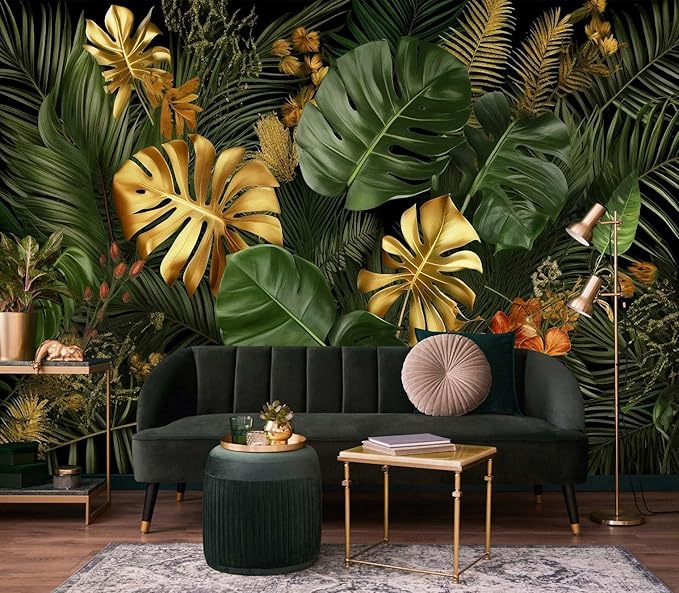 Gold and Green Monstera Leaf Wallpaper Tropical Jungle Banana Leaves Wall Mural for Living Room Bedroom (Not Self-Adhesive)