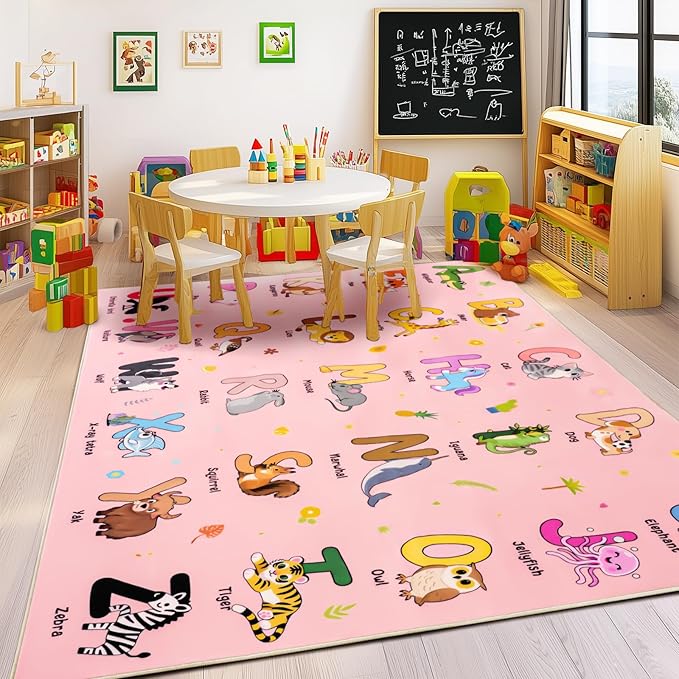 Kids Rugs for Playroom, 8x10 Ft Educational Rug for Learn The ABC Alphabet, Soft Machine Washable Non-Slip Cute Cartoon Animals Carpet for Classroom Toddler Nursery Kids Room Decor, Pink