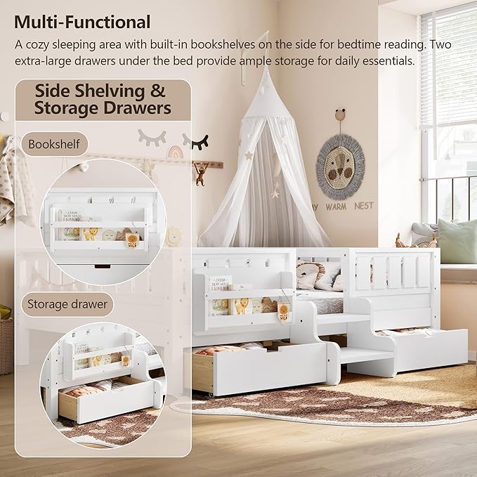 Bellemave Full Size Bed with Slats and Stairs, Full Size Platform Bed Frame with Fence, Bookshelf and Storage Drawers, Easy Assemble Beds for Kids, Girls, Boys, White