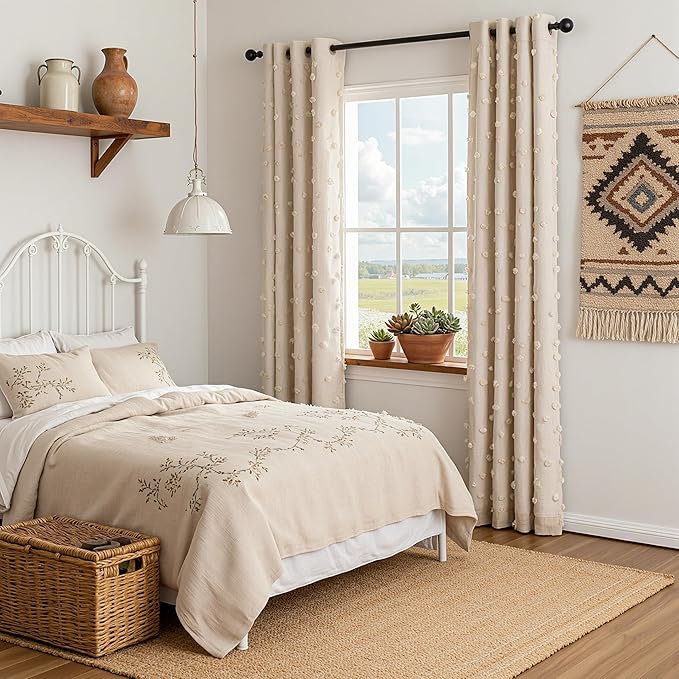 MYSKY HOME 100% Blackout Curtains for Nursery Thermal Insulated Beige Pom Pom Curtain 72 Inch Length for Girls Bedroom 2 Panels Grommet White Sheer Drapes for Kitchen Dining Room Door, 52W x 72L