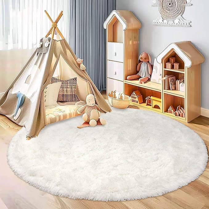 Round Fluffy Cream Rug - 4FT Super Soft Circle Shaggy Plush Fuzzy Furry Carpet for Kids & Nursery