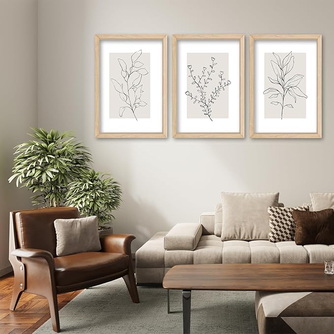 YWJKWLGS Neutral Botanical Prints Framed Wall Art Decor 16x24 Inch Set of 3 Boho Plant pictures Sign minimalist Vintage for Bedroom Office bathroom Wall Hanging (Wood)