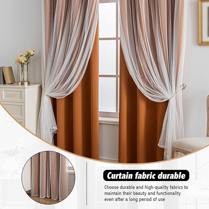 Anytime Home Curtains Blackout and Sheer Layered Solid Window Curtain Panel Pair with Grommet Top, 52Wx72L,Orange
