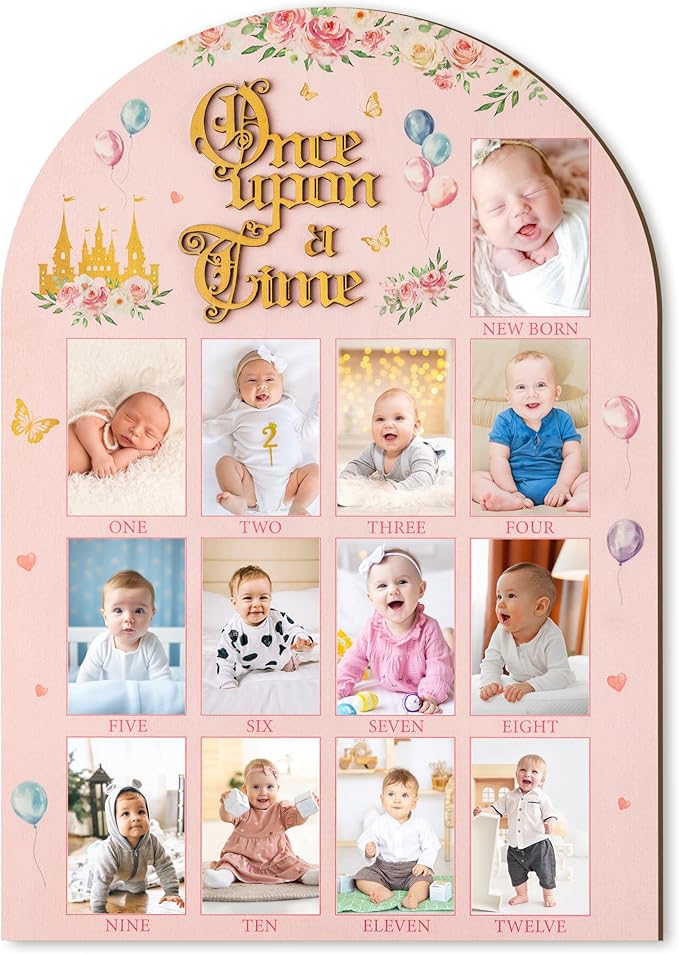 R HORSE My First Year Photo Display Wood Board - 3D Princess Baby's First Year Picture Frame, 12 Months Fairytale Castle Milestone Board Baby Keepsake Gift 1st Birthday Nursery Decor for Girl
