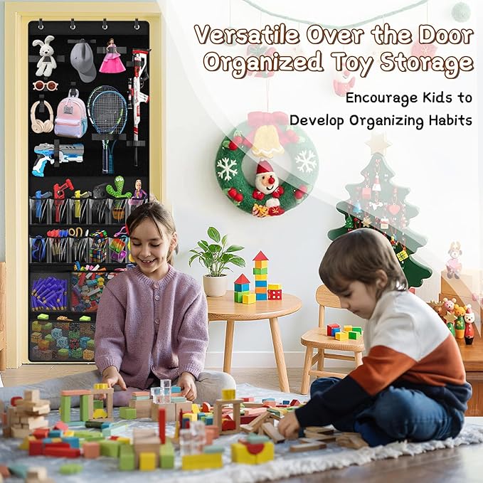 Over the Door Organizer for Building Blocks, Kids Toys Storage with Pockets and Slots for Stuffed Animal, Foam Blasters, Darts, Door Organizer hanging for Toys Storage, Kids Game Rooms