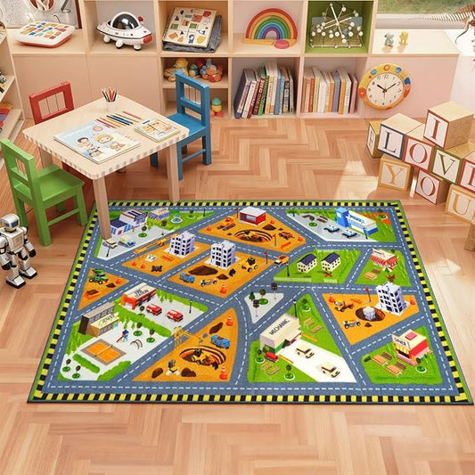 STARUIA Car Rug Play Mat, Non-Slip City Road Map Kids Rugs for Playroom Bedroom Boys Car Mat for Kid Toy Cars, Educational Baby Children Play Rug for Learn and Have Fun, 36"x59"