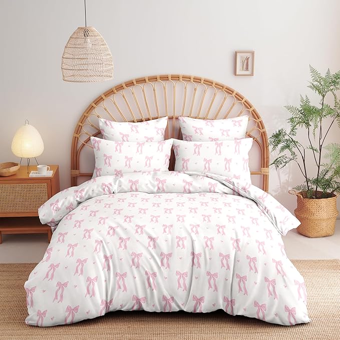 Bow Bedding Duvet Cover Full Size Pink White Heart Bowknot Bedding Set 3 Pieces Kids Girls Princess Style Cute Love Pattern Bowknot Soft Breathable Microfiber Duvet Cover