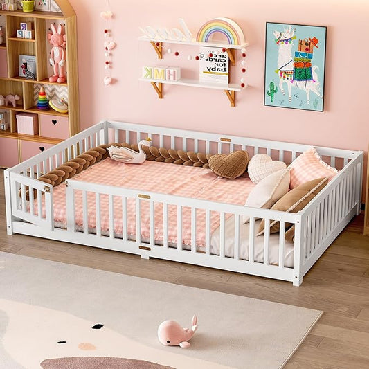 Ball & Cast Queen Size Toddler Floor Bed W/Rails,Montessori Bed for Toddlers W/Removed Slats & Switched Door,Low Profile Bed Frame for Girls & Boys,No Spring Box Required,White