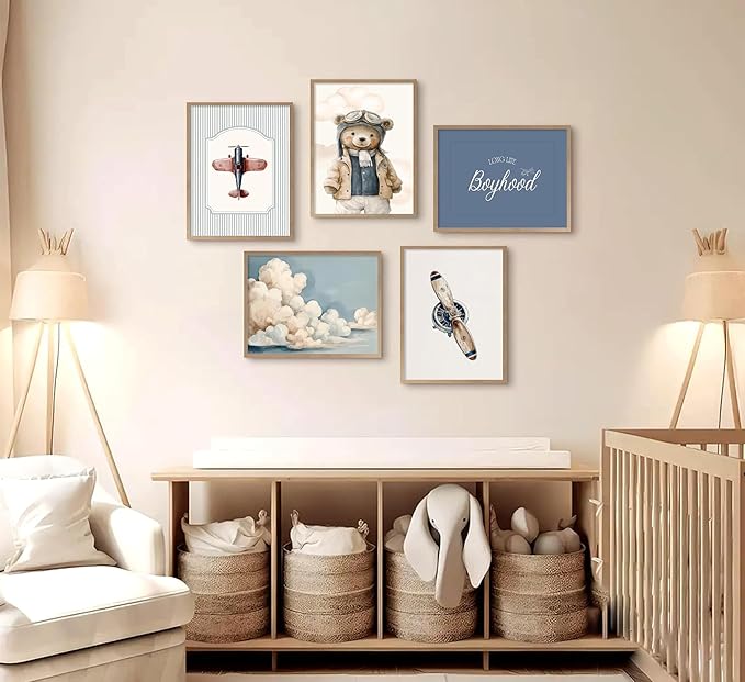 Vintage Baby Boy Nursery Wall Art Retro Airplane Travel Kids Room Canvas Wall Decor Teddy Bear Pictures Navy Blue Aviation Posters Cloudy Sky Painting Print Artwork for Boy Room Playroom, Unframed