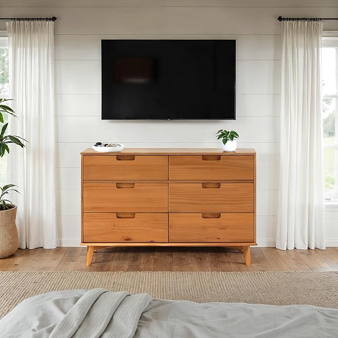 Walker Edison Sloane 6-Drawer Groove Handle Solid Wood Dresser, 52 Inch, Caramel