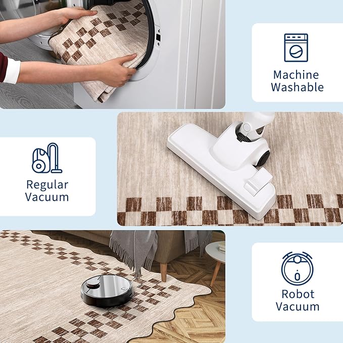 GarveeHome 4x6 Area Rug Small Washable Living Room Rug Scalloped Rug with Rubber Backing Stain Resistant Low Pile Dining Room Throw Carpet Modern Bordered Mat for Bedroom Kitchen, Beige