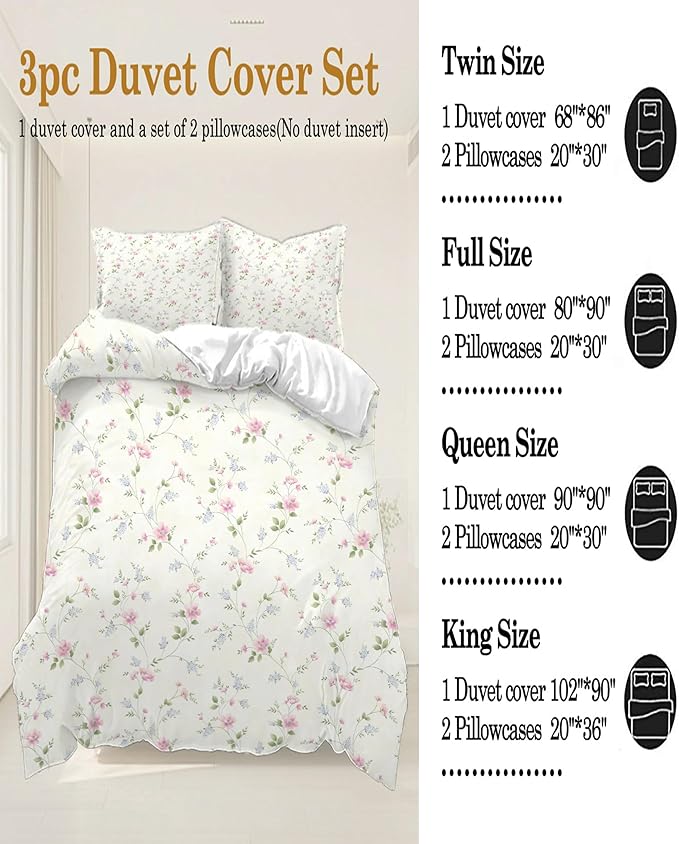 Floral Duvet Cover Twin Girl Pink Flower Teenage Girls Duvet Cover Set with Zipper Ties, Easy Care, Ultra Soft and Breathable-Twin Size